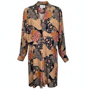 Caron Petite Vintage Batik Print Dress V-Neck Bishop Sleeve Above The Knee